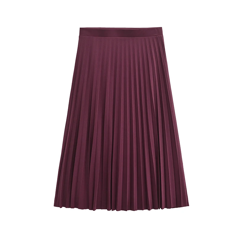 YENKYE Women Wine Red High Waist Pleated Midi Skirt Office Wear Elegant faldas mujer