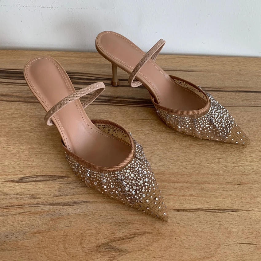 Fashion Summer Women High Heels Rhinestone Slingback Woman Pumps Pointed Toe High Heels Sandals Elegant Woman Shoes