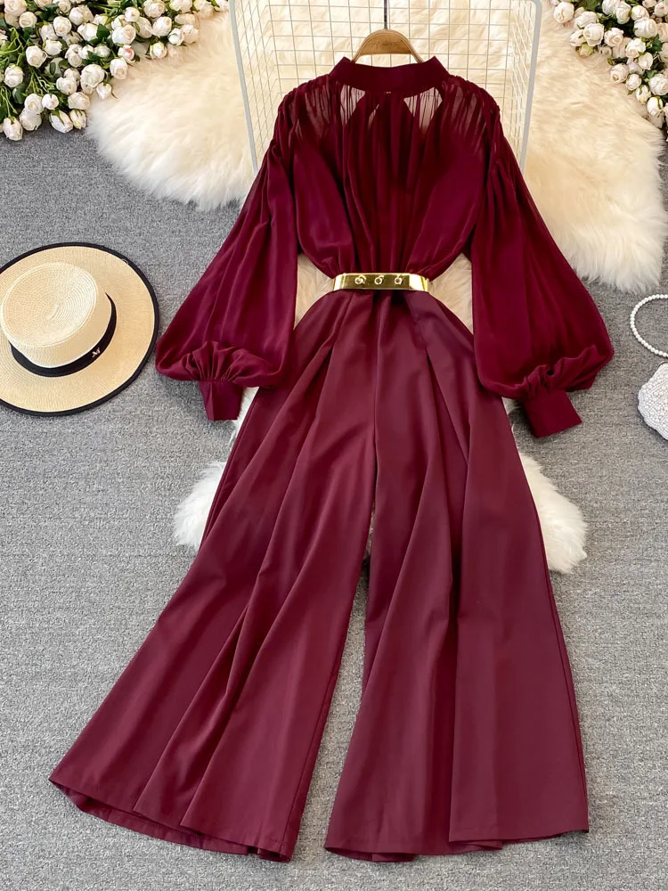 EWQ Sweet Style Women Jumpsuits Pleated Stand Collar Lantern Sleeve Solid Color Wide Leg Jumpsuit Spring Summer 2023 New SN0533