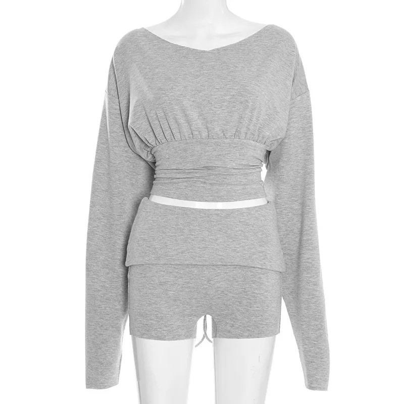 Blifanbo شورت غير رسمي قطعتين مجموعات النساء كم طويل قبالة الكتف سليم الدانتيل متابعة تي شيرت علوي وسراويل الموضة مطابقة مجموعة