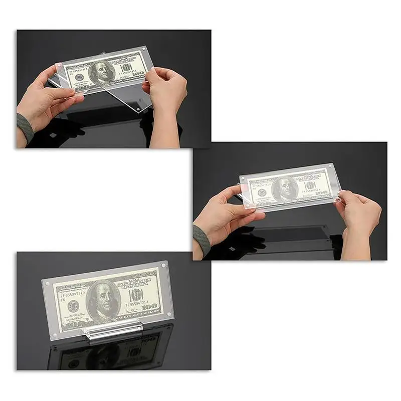 .Hot Sale-Magnetic Acrylic Dollar Bill Picture Frame Secure Holder with Polished Display Stand for Coins and Currency Collection