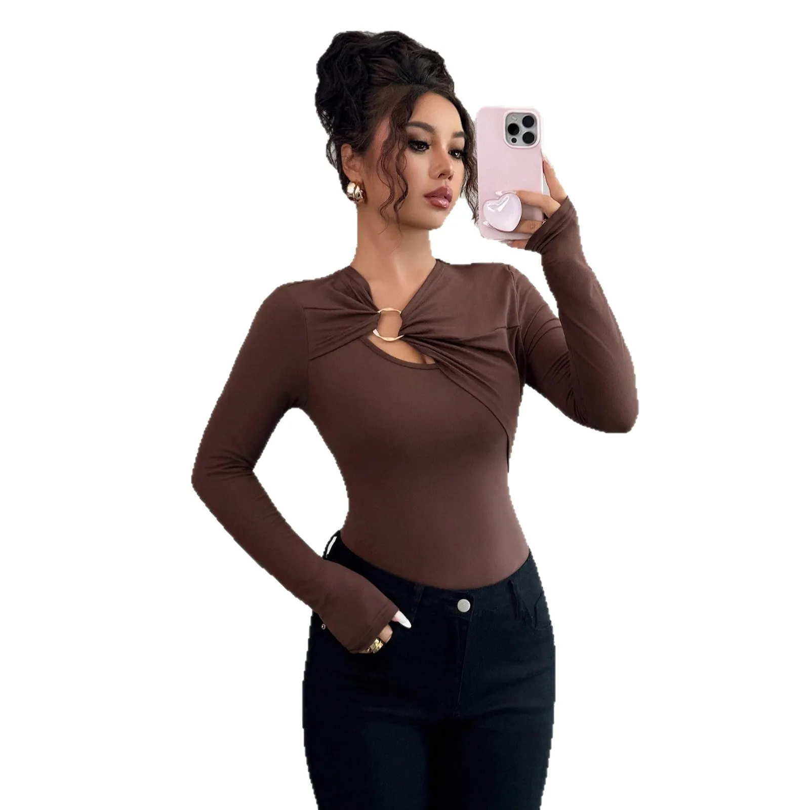 Long Sleeve Pullover Top Regular Length Elegant Chic with Slim Fit Elegant Professional T Shirts Autumn Women Long Sleeve Shirt