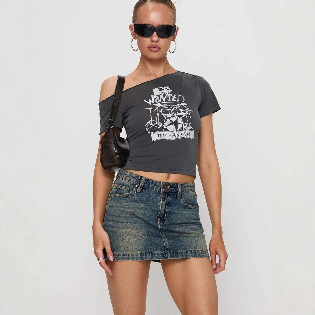 Women Dark Blue Casual Simple Basic Super Stretchy Trendy Printed Above Knee Length Denim Skirts Female American Fashion Clothes