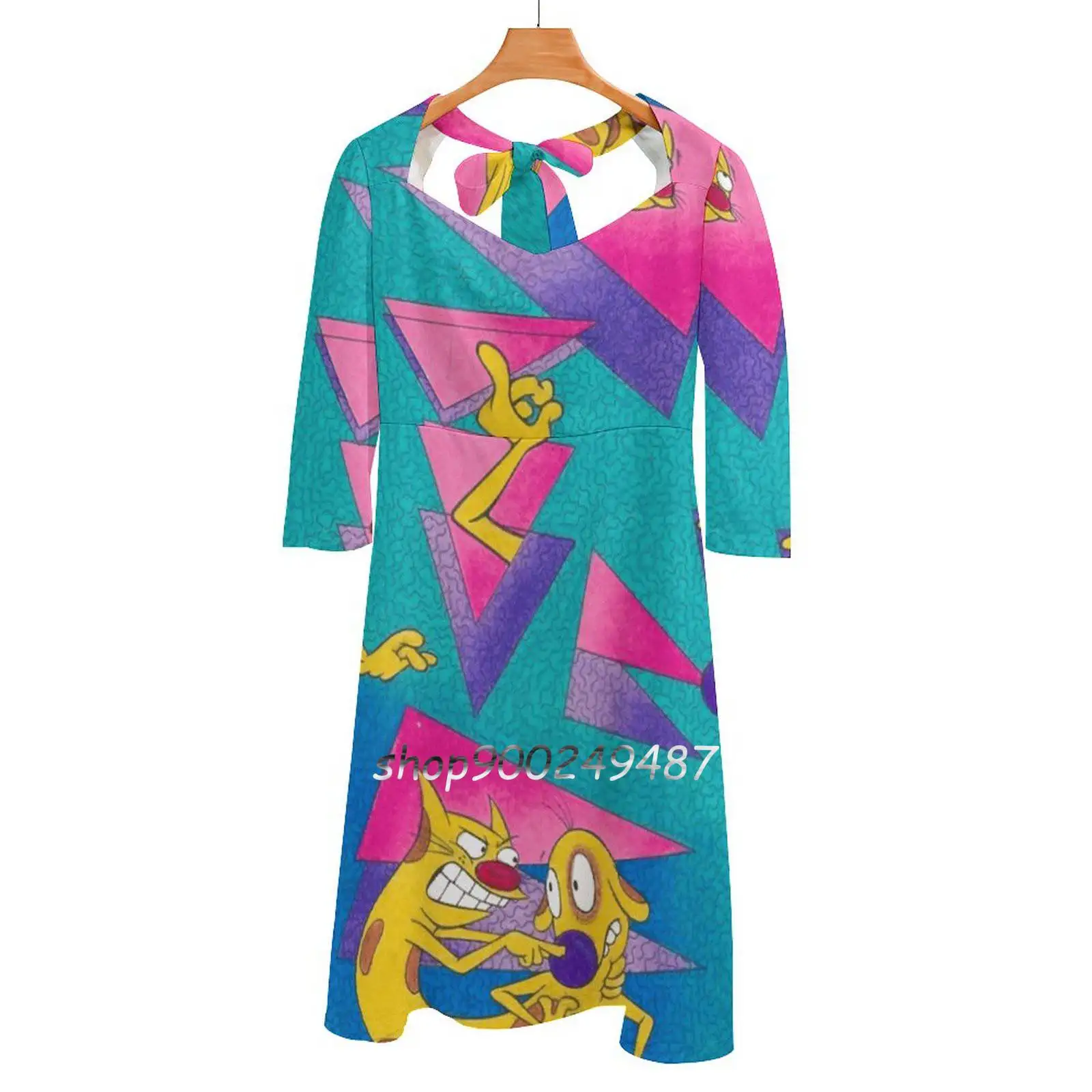 90S Pattern Square Neck Dress New Plus Size Elegant Women Waist Tight Dress 90S Nicktoons 90S Pattern Triangles Cat Dog