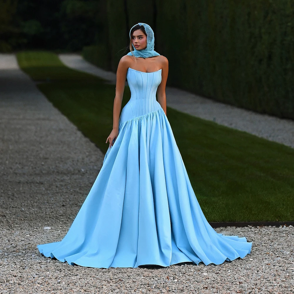 

Небесно-голубое атласное вечернее платье без бретелек по индивидуальному заказу, драпированное вечернее платье с открытой спиной, трапециевидное платье длиной до пола, платья для выпускного вечера