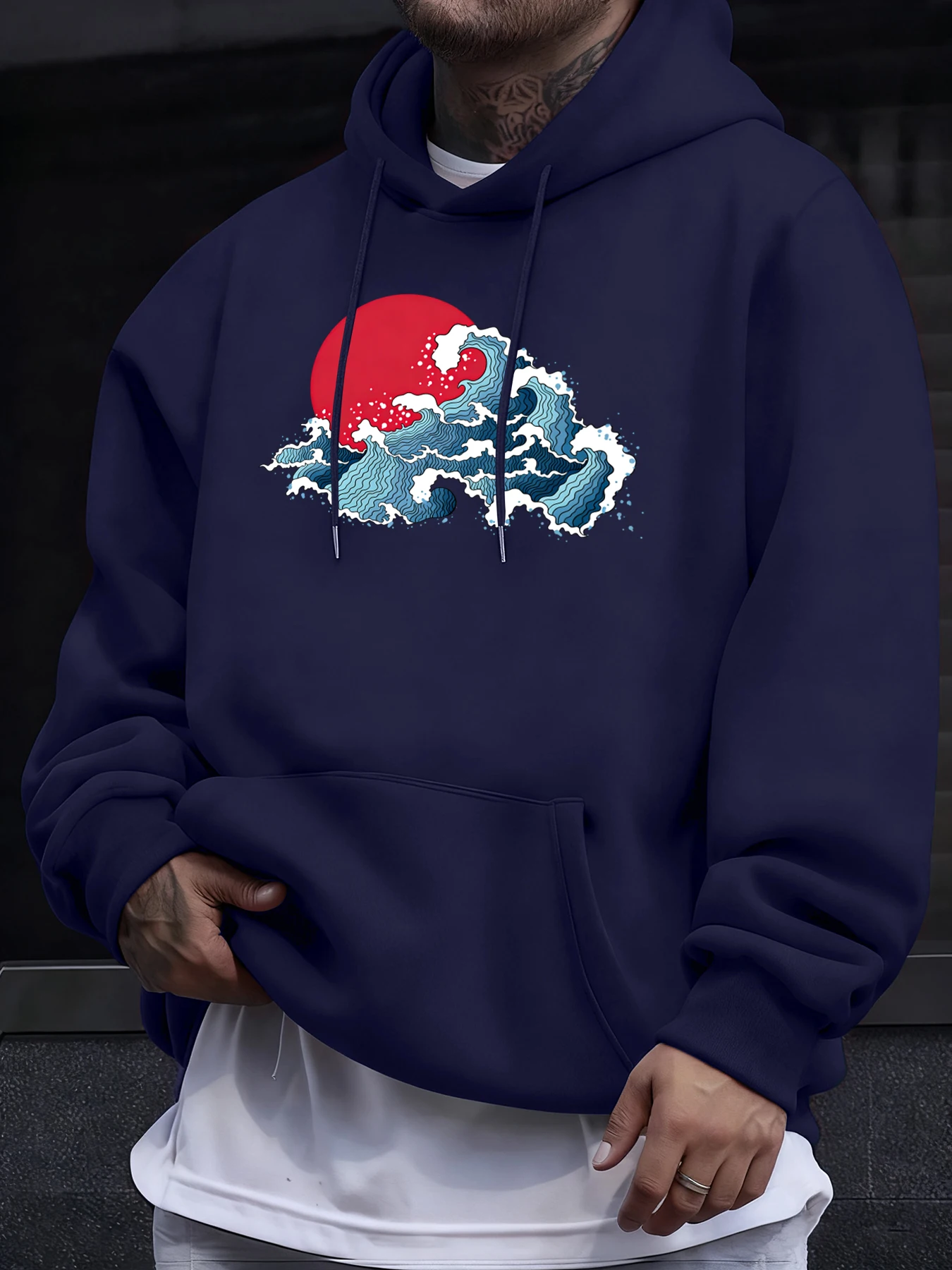 

Japanese Sunset Waves Printed Men Casual Street Pullover Autumn Fashion Hip Hop Hoodie Loose Pocket Clothes Basic Sport Top