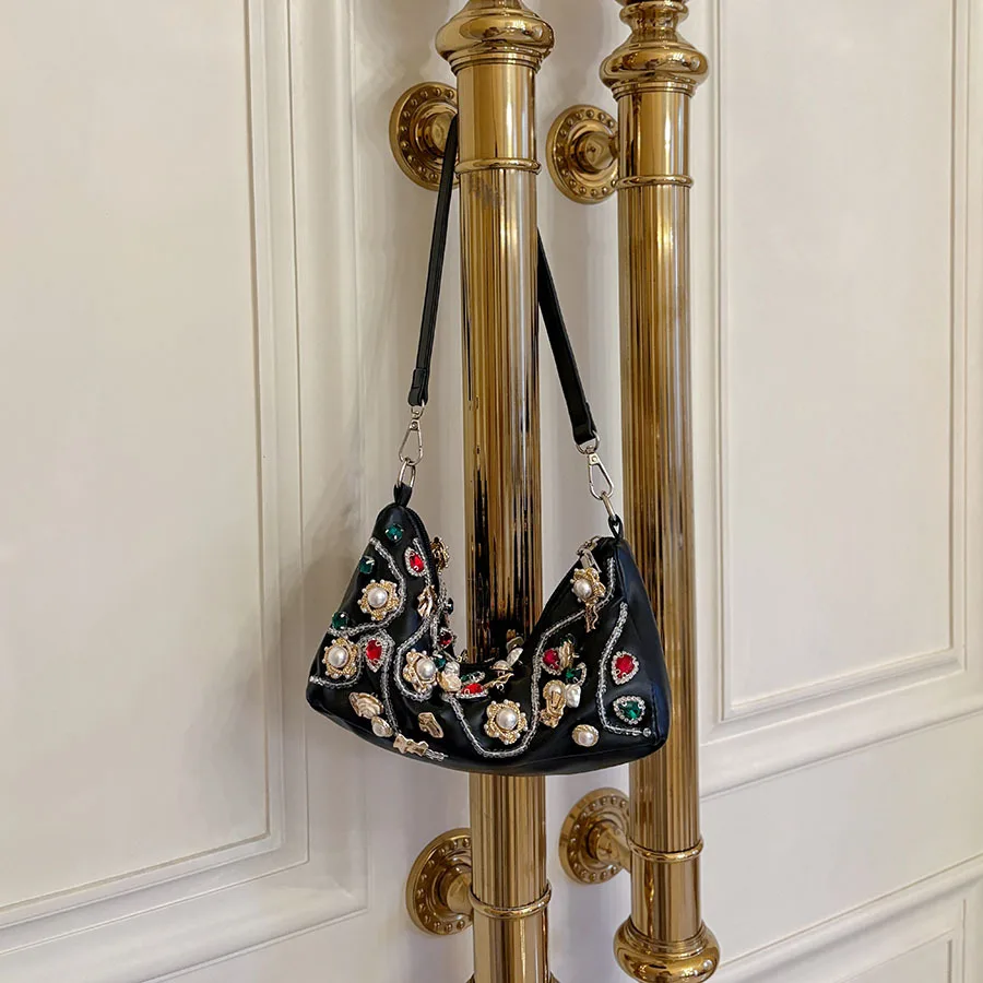 Fashion Light Luxury Diamond Studded Bead Shoulder Bags Niche Design Exquisite Handmade Handbag Retro Socialite Party Dinner Bag