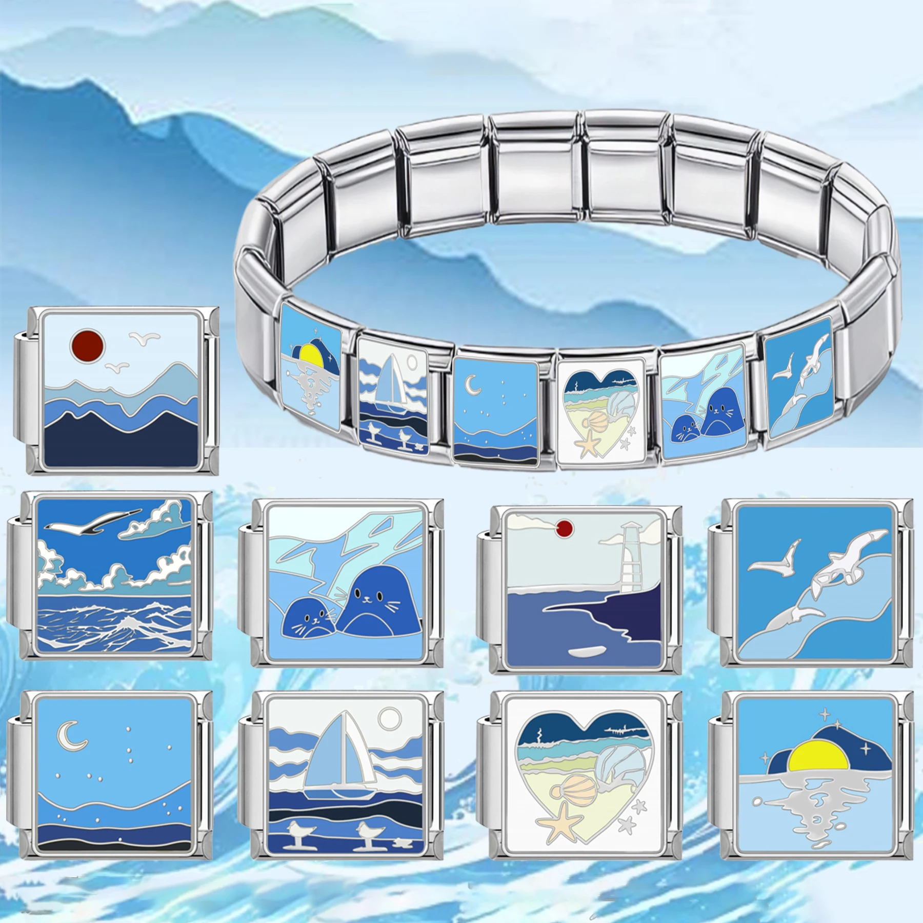 1pc Coast Sailing Seagull Moon Blue Landscape Series Pendant Bead Stainless Steel Module DIY Italian Splice Style Bracelet Ring