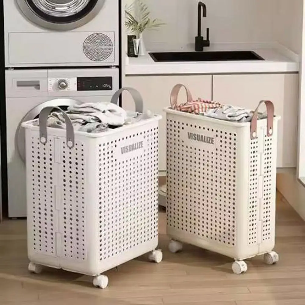 

Plastic Wheeled Folding Laundry Basket Large Capacity Space Saving Folding Dirty Clothes Basket Ventilated with Wheels