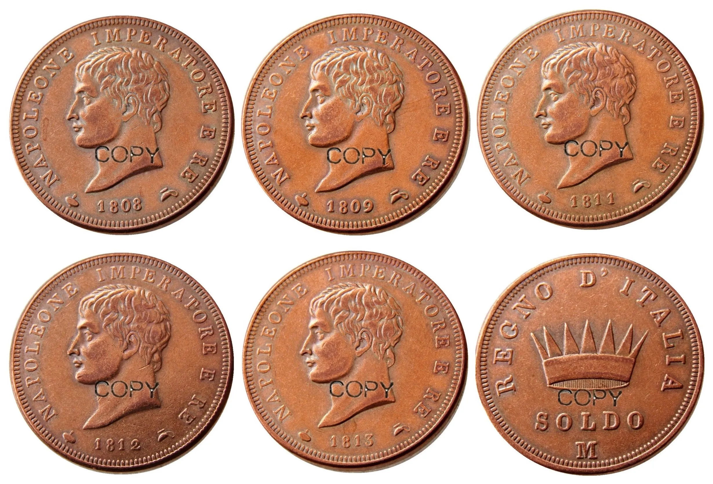 A Set of (1808-1813) 5PCS ITALIAN ST Kingdom Of Napoleon I 1 SOLDO Made in Copper Copy Coins