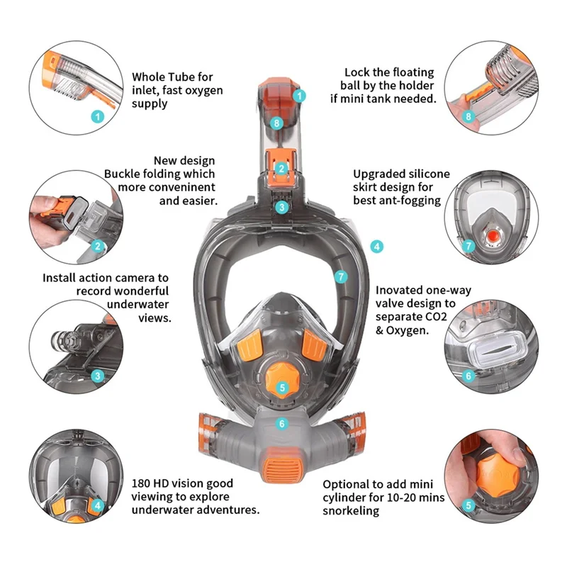

NALFI-Snorkel Mask Man Woman Scuba Underwater Full Face Diving Mask Orange & Gray (L/XL)