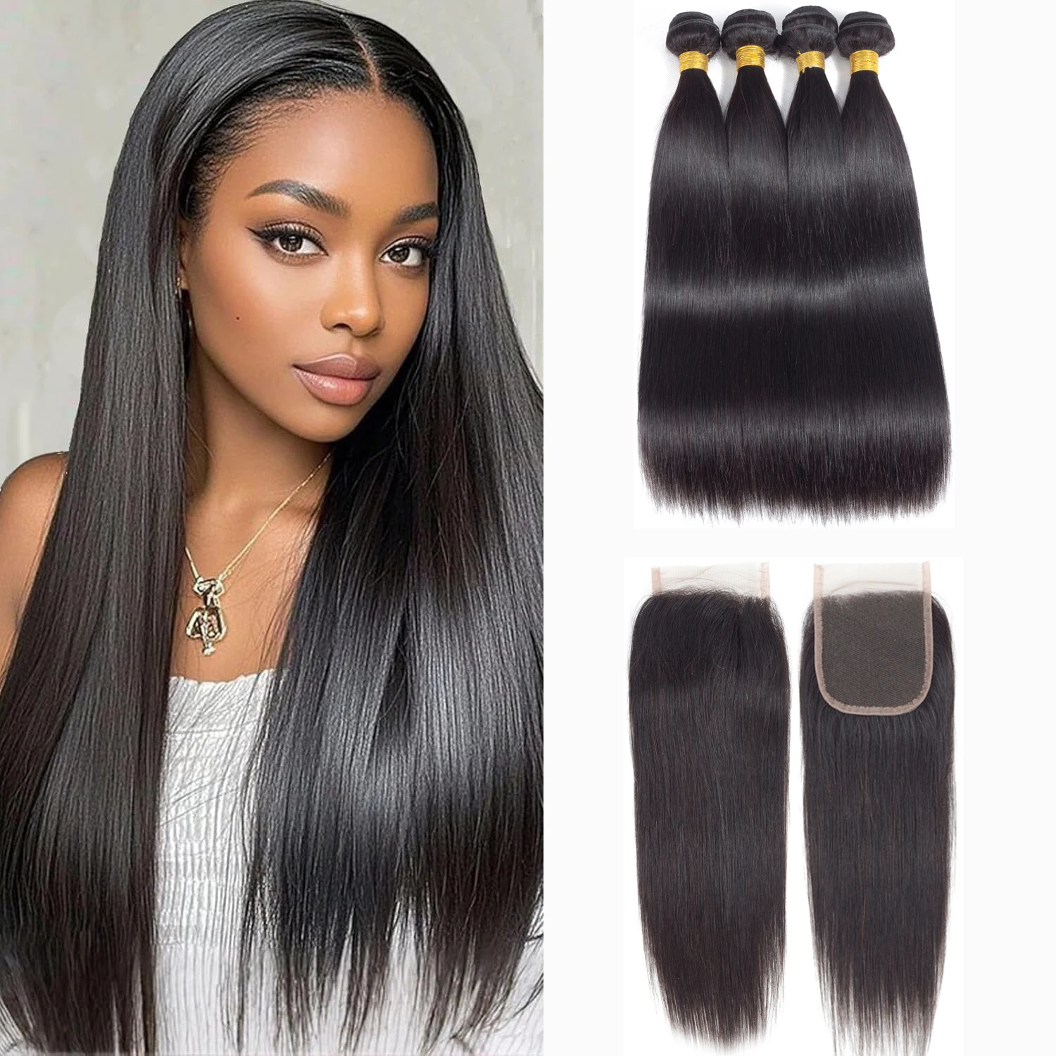 

12A Straight Bundles with Closure 4x4 Lace Closure with Bundles Straight Bundles 100% Human Hair For Black Woman