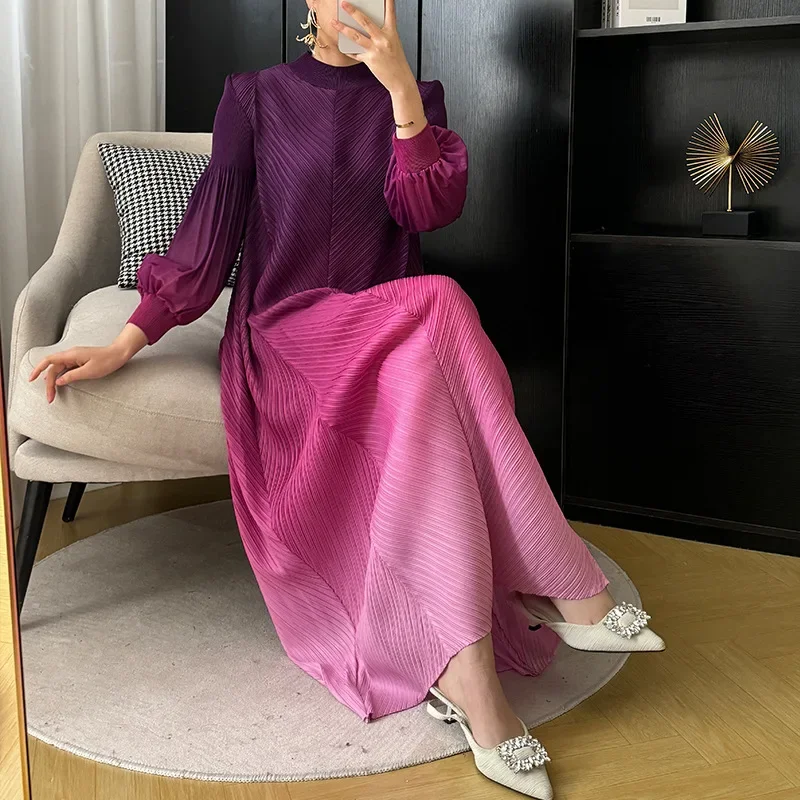 Pleats Gradient Dress Women Commuter Premium Sense Seven Sleeve Pleated Long Dresses Large Hem 2024 Spring Plus Size Women's