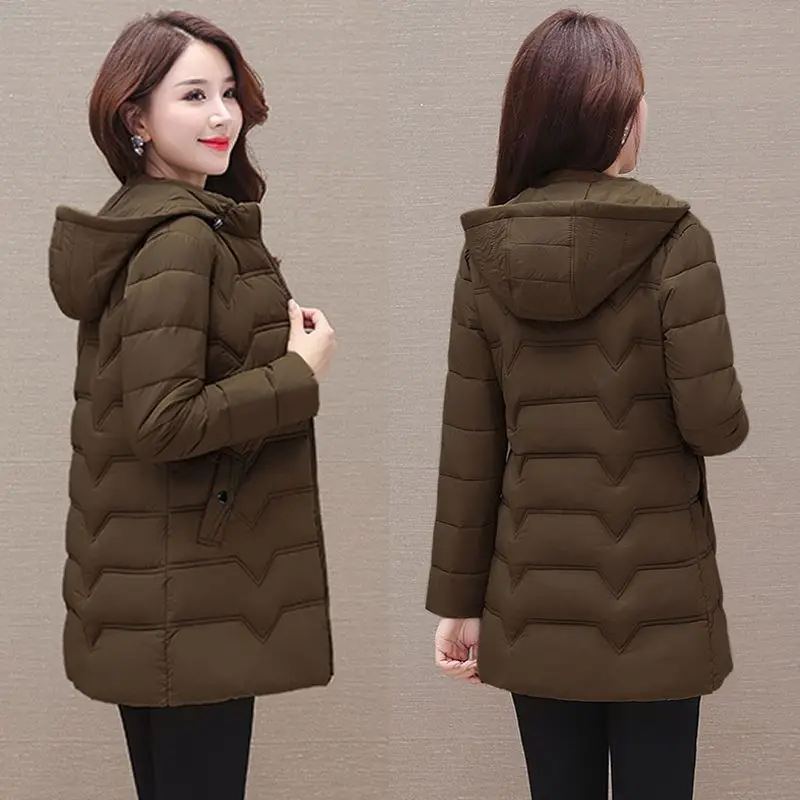 Winter Mid Length Hooded Jacket Women\'s Lightweight Slim Fit Down Cotton Coat Korean Fashion Mom Elegant and Generous Parkas