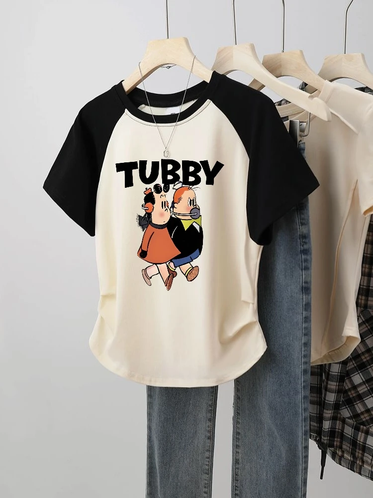 Retro Amerikaanse kleur Blo oulder Insert T-shirt dames zomer nieuwe ort Sve onregelmatige losse top katoen cartoon print