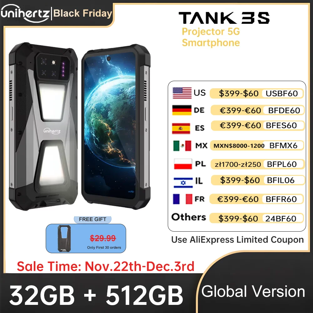 UnihertzTank 3s 8849 Smartphone with Projector Dimension 8200, 24 + 256GB, 32 + 512GB Cellphone, 15600mAh, NFC WiFi 6 Phone