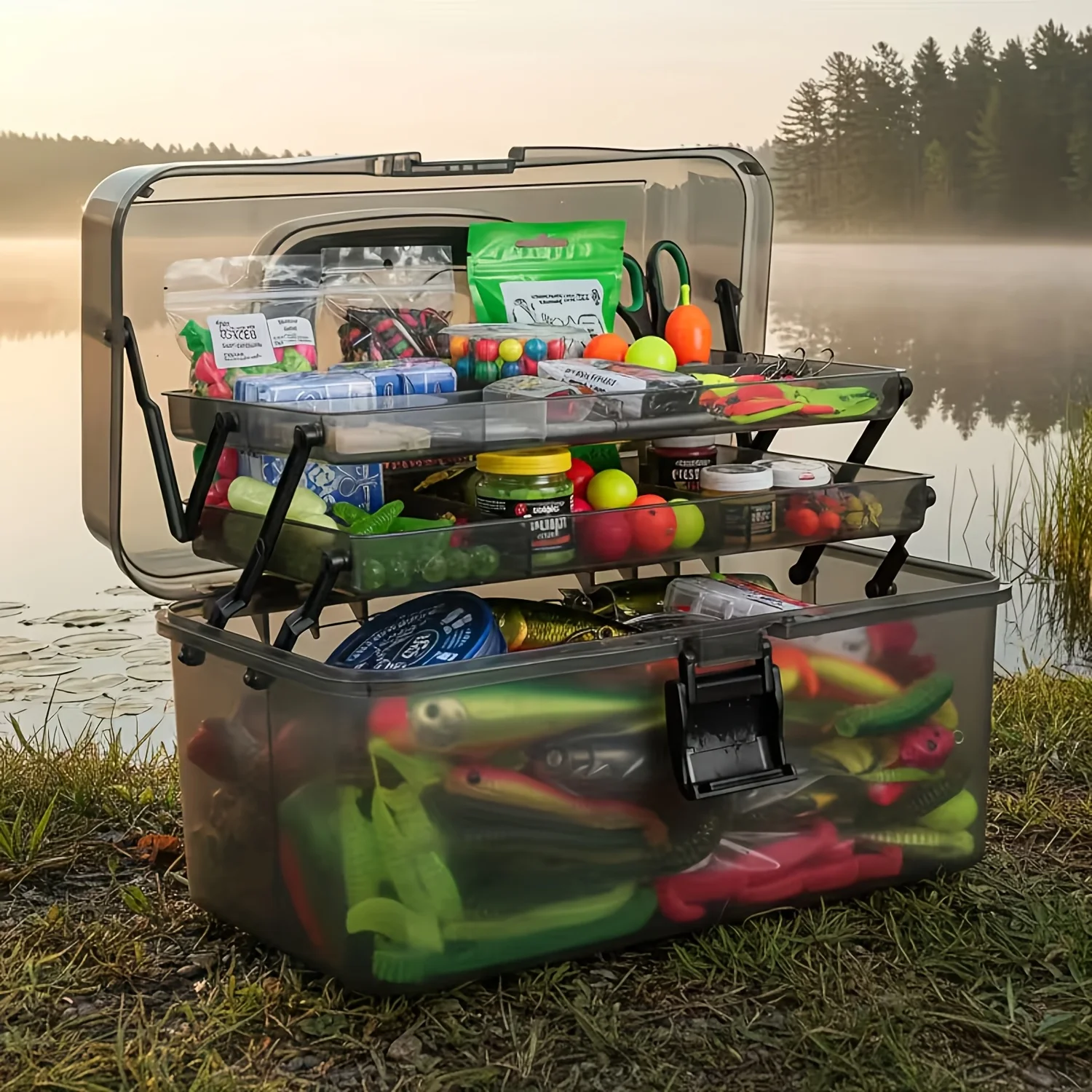 1 large capacity black transparent fishing gear storage box, durable PE material, with built-in safety lock, strong
