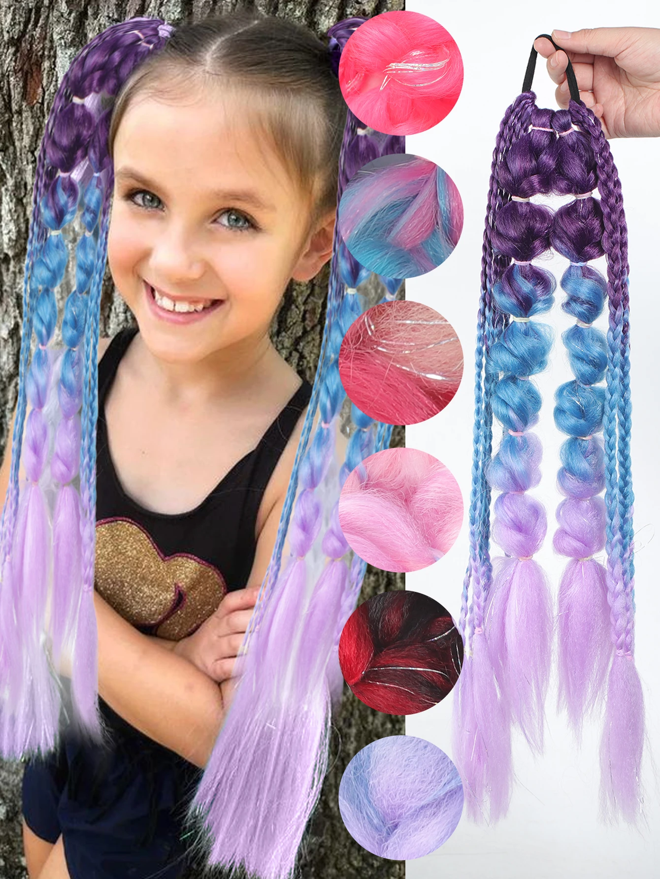 

Synthetic Tinsel Colored Braided Ponytail Hair Extension Rainbow Color Braids Pony Tail With Elastic Band Girl's Pigtail