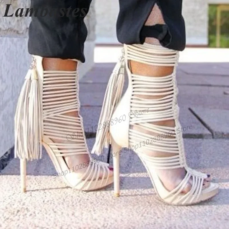

Sexy Style Solid Narrow Band Fringe Decor Sandals Thin High Heel Women Shoes Back Zipper Open Toe 2026 Fashion Zapatillas Mujer