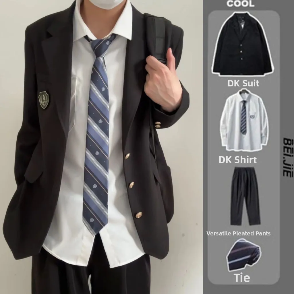 Long JK Style Men's Suit Jacket Casual British Academy Spring Autumn Loose Fit Pure Color Graduation Student Couple Model