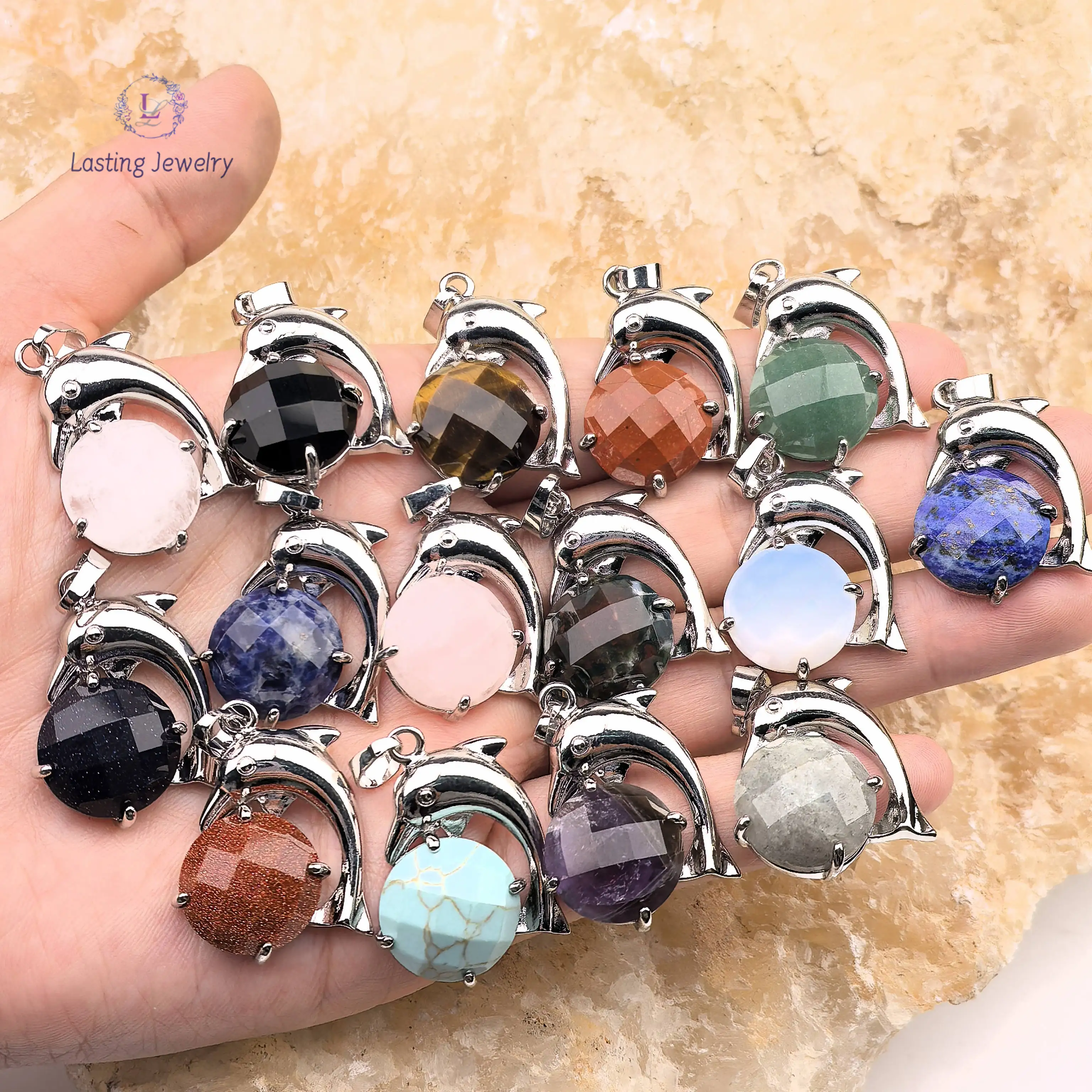 

Healing Gemstone Dolphin Pendants Faceted Round Cabochon Animals Charms Sodalite Lapis Obsidian For Necklace Jewelry Making
