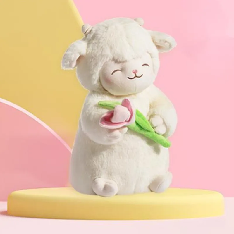 Zoete Witte Schapen Lam Hold Tulpenbloem Pluche Pop Zacht Gevuld Lamsvlees Met Tulp Plushie Speelgoed Schattig Cadeau Voor Kind Verjaardag Kerst