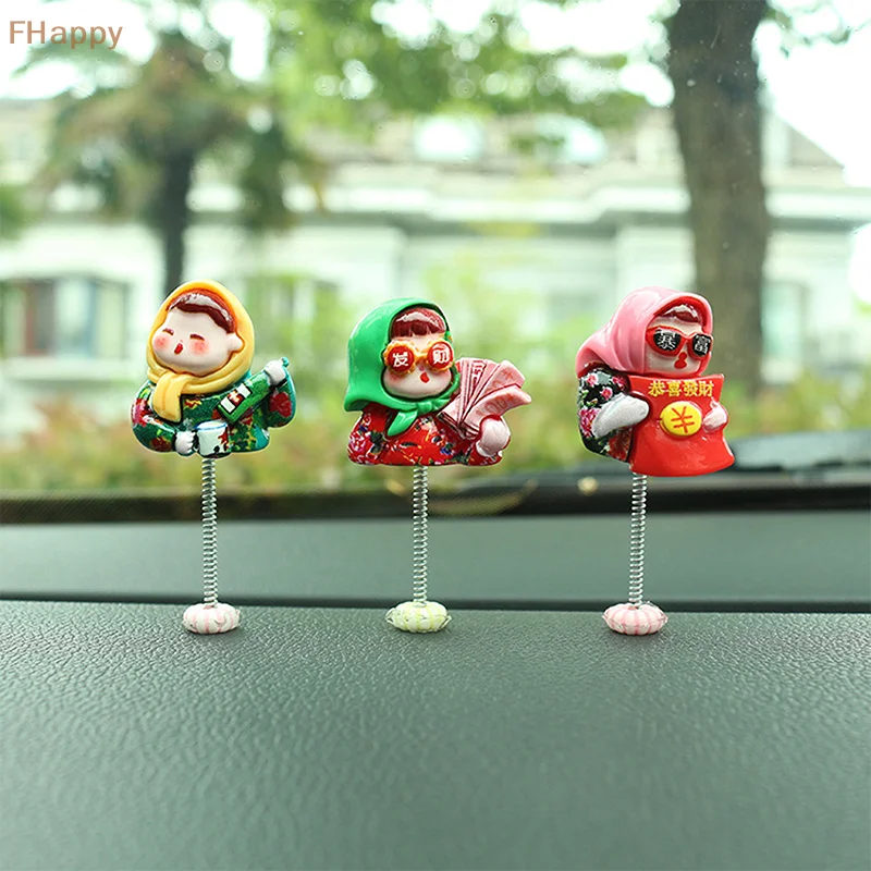 6Pcs Cute Mini Shaking Head Village Girl Car Dashboard Ornament Car Fun Decor Interior Fairy Garden Home Car Gifts