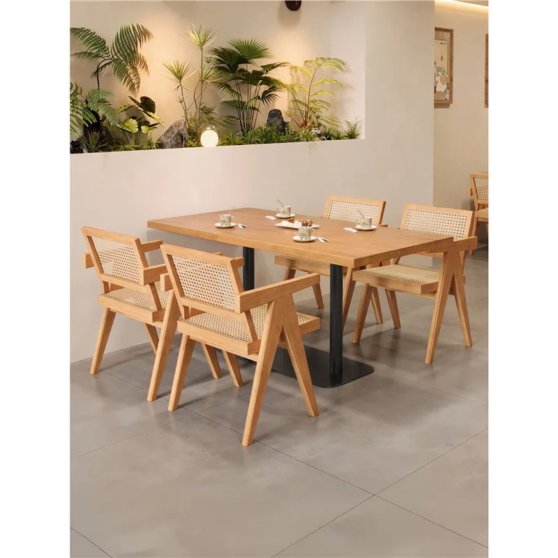 Milk tea dessert shop commercial rattan solid wood dining table and chair combination cafe hotel rectangular table for four 2506
