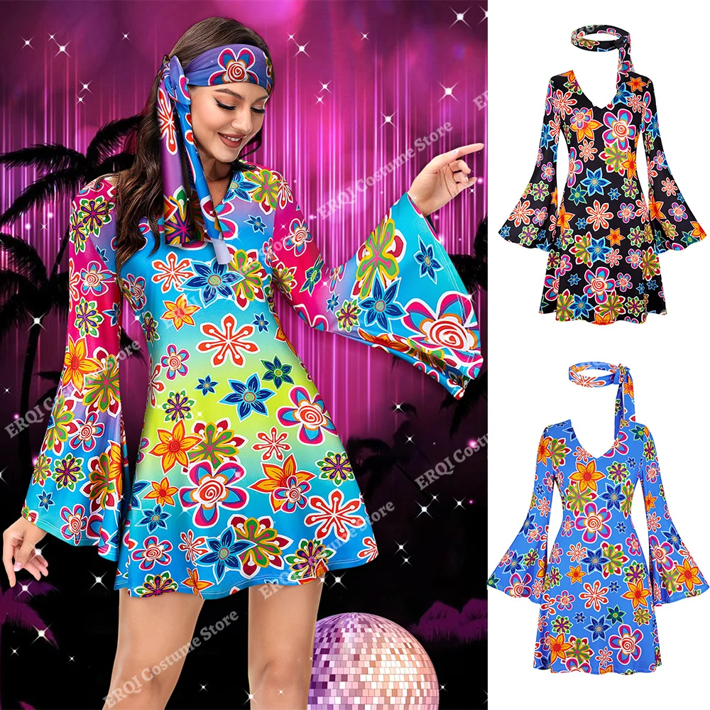 Robe Chang à Fleurs pour Femme, Tenue d'Halloween, Robe Hiphélicoptère avec Bande de Sauna, Costume des Années 70