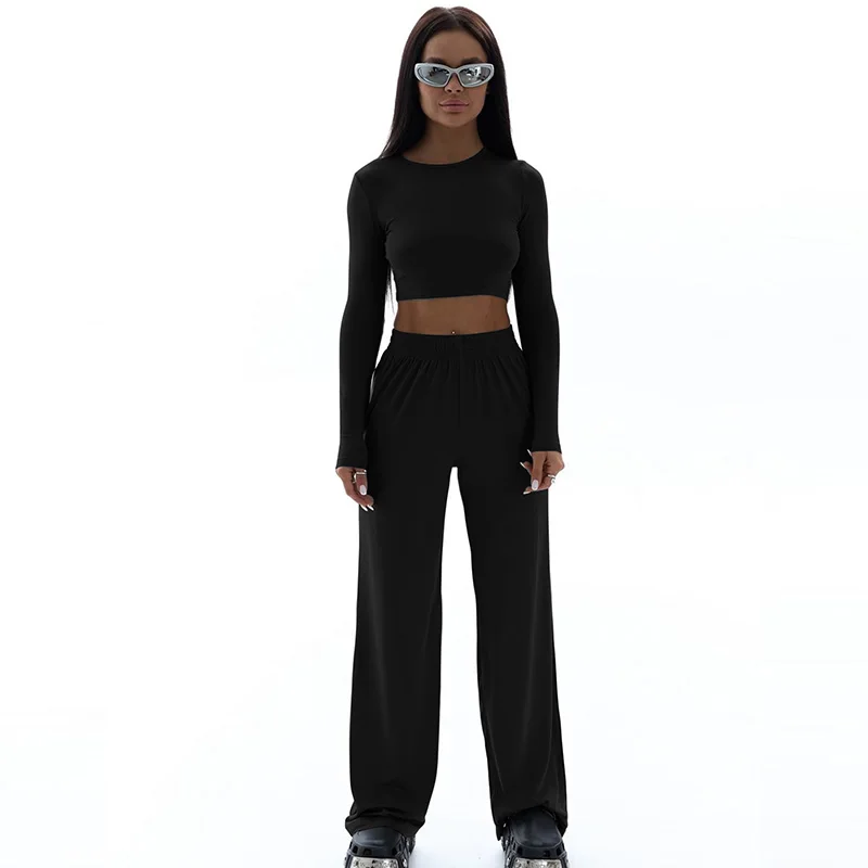 Spring New Women\'s T-shirt Loose Pants 2 Piece Long Sleeves O-Neck Tees Casual Slim Fashion Trouser Solid Basic Female Clothing