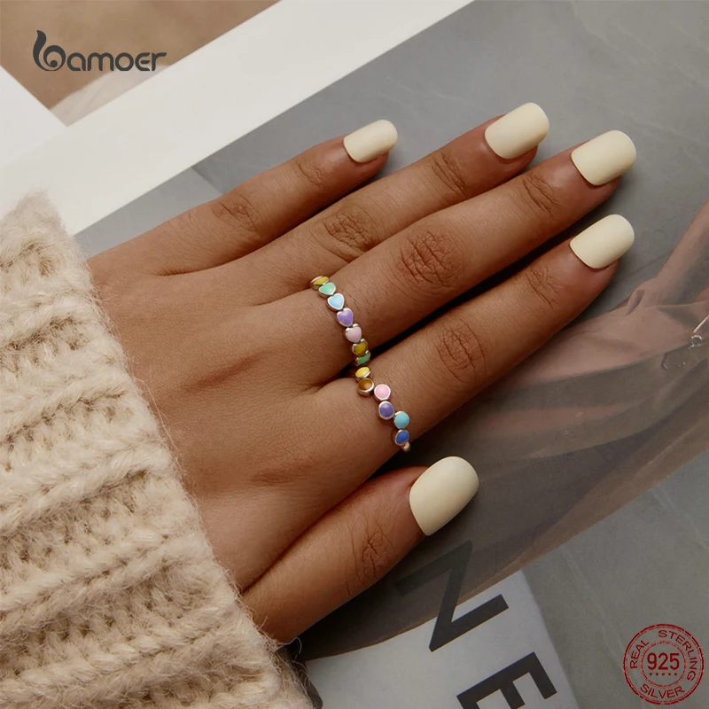 Bamoer New Fashion Rainbow Heart-Shape Silver Ring for Women Real 925 Sterling Silver Colorful Star Ring Fine All-Match Jewelry