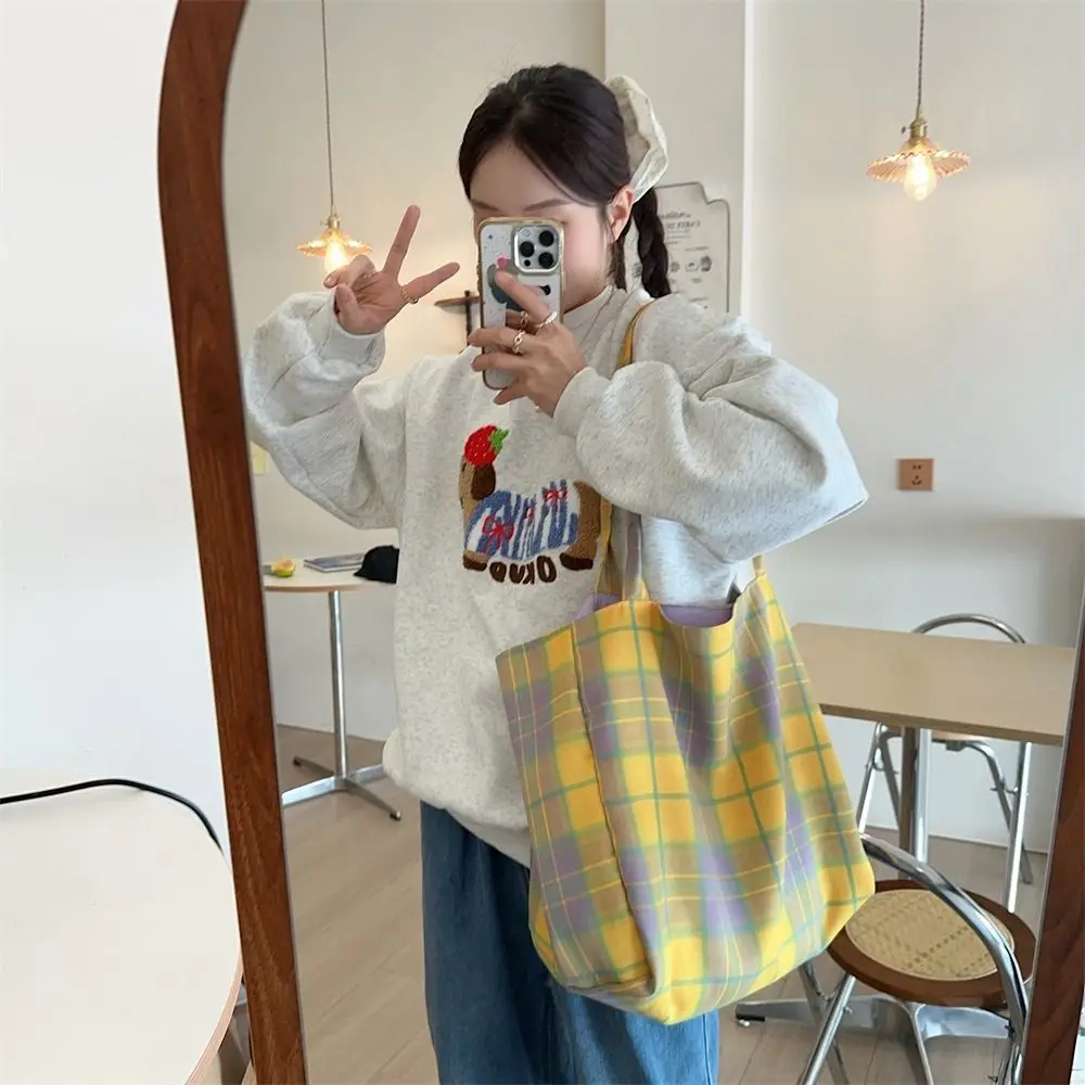 

Ins Korean Style Plaid Shoulder Bag Travel Double-sided Canvas Tote Bag Shopping Large Capacity Women Handbag Girls