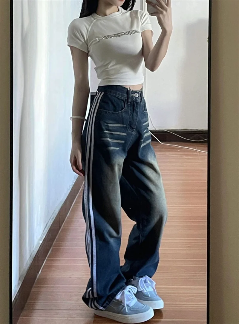 

New American Trend bf Street Vibe Side Striped Straight Jeans Women's High Waist Loose Slim Wide-leg Pants Ins Tidal Washing