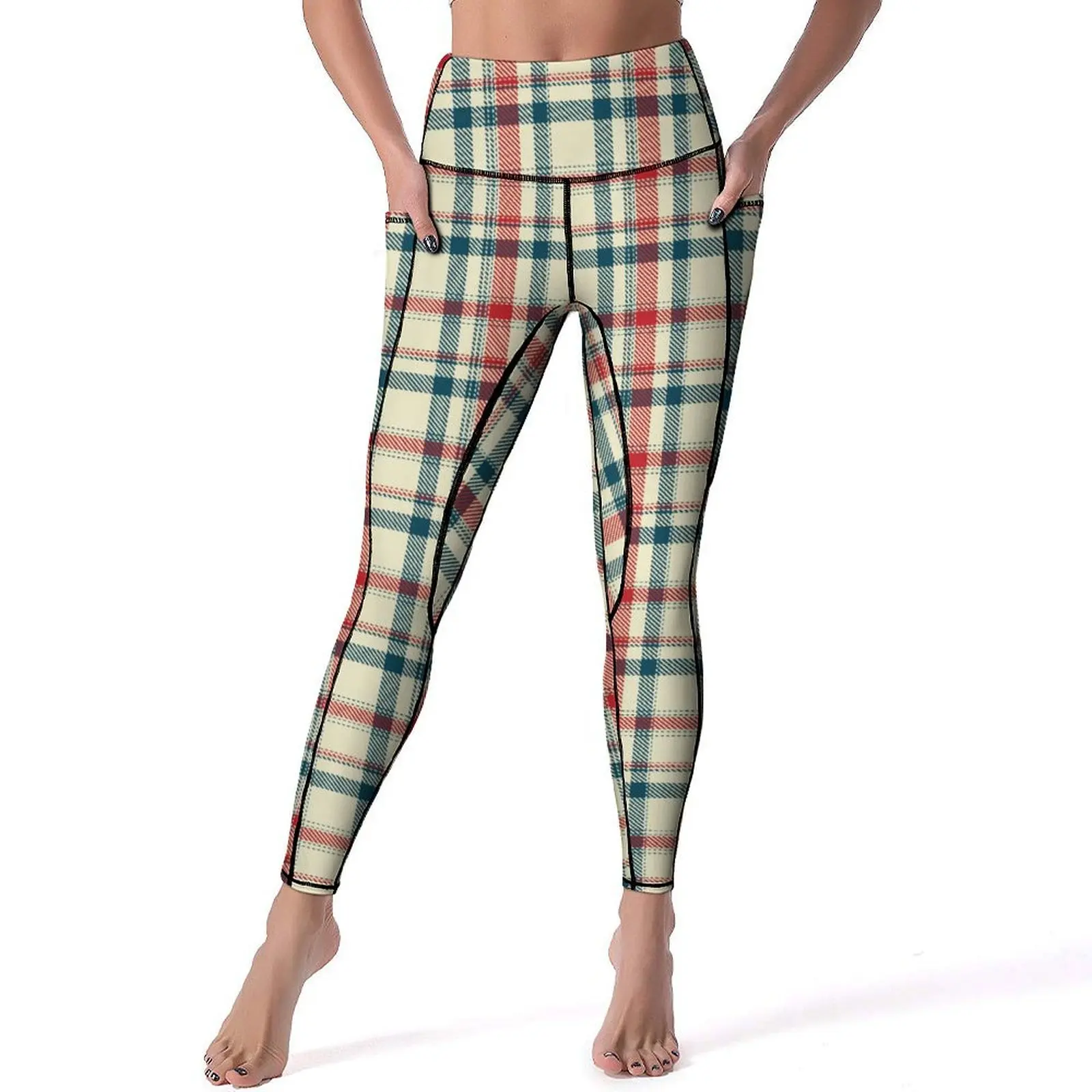 Vintage Plaid Leggings Sexy Green And Red Check Work Out Yoga Pants Push Up Stretchy Sport Legging Pockets Elegant Print Leggins