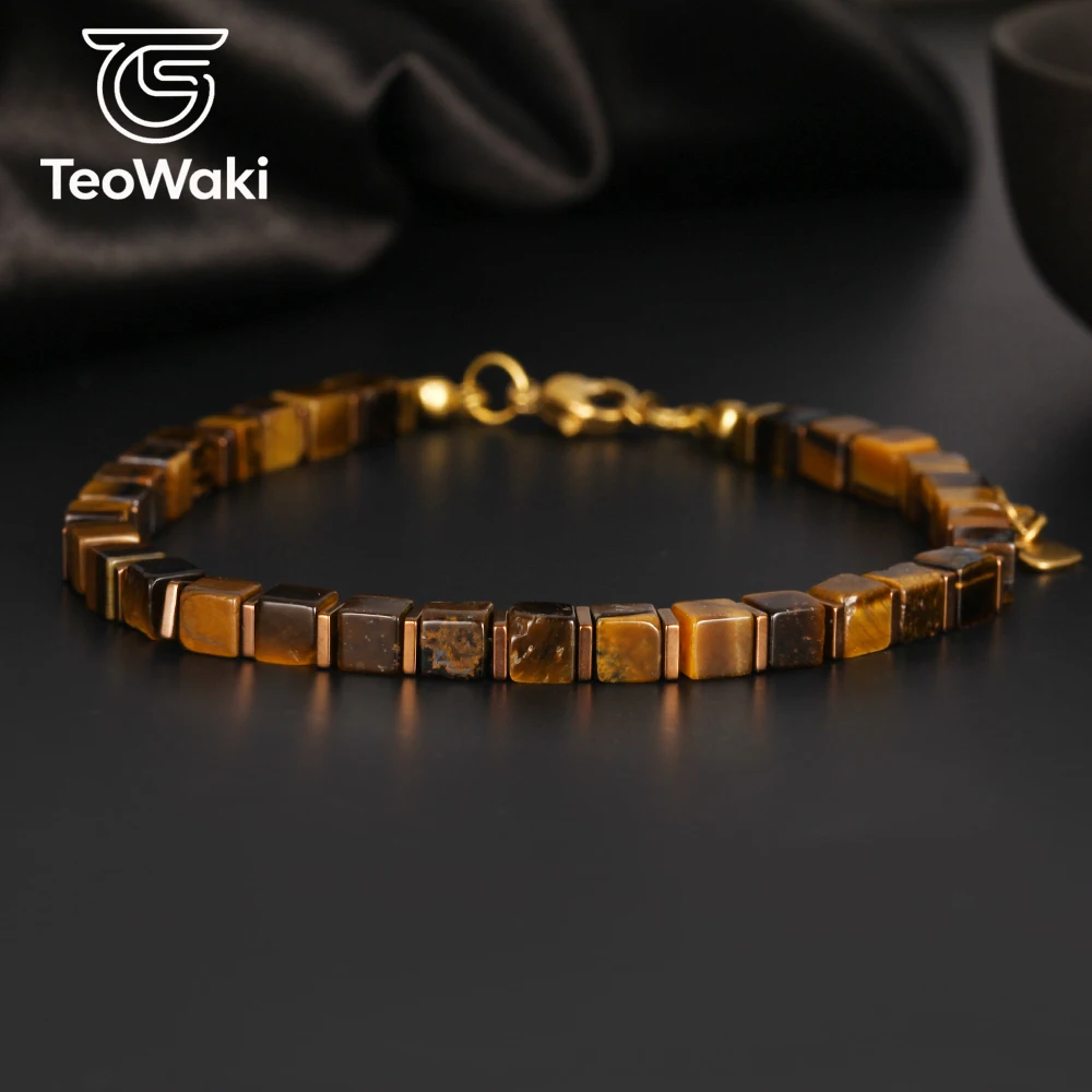 TeoWaki Natural Square Tiger Eye Stone Bracelet Adjustable Length Hematite Square Flake Spacers Holiday Gift For Family 17+5cm