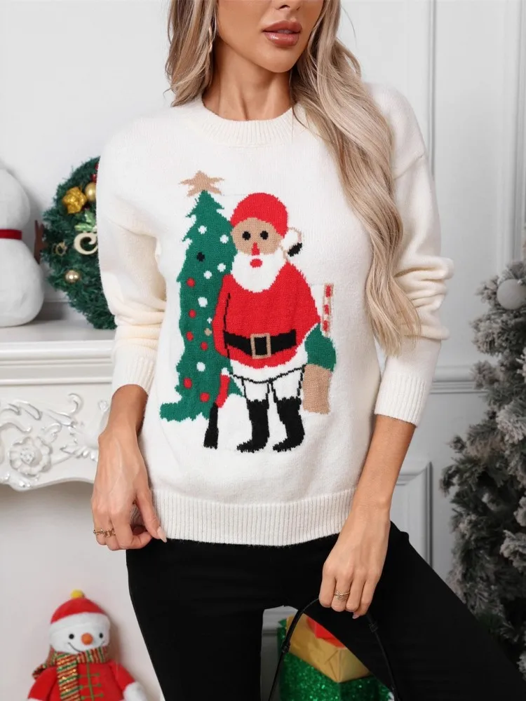 

Рождественский свитер с круглым вырезом, женский модный простой зимний пуловер, джемпер, высокоэластичный вязаный осенний женский базовый повседневный пуловер, топы