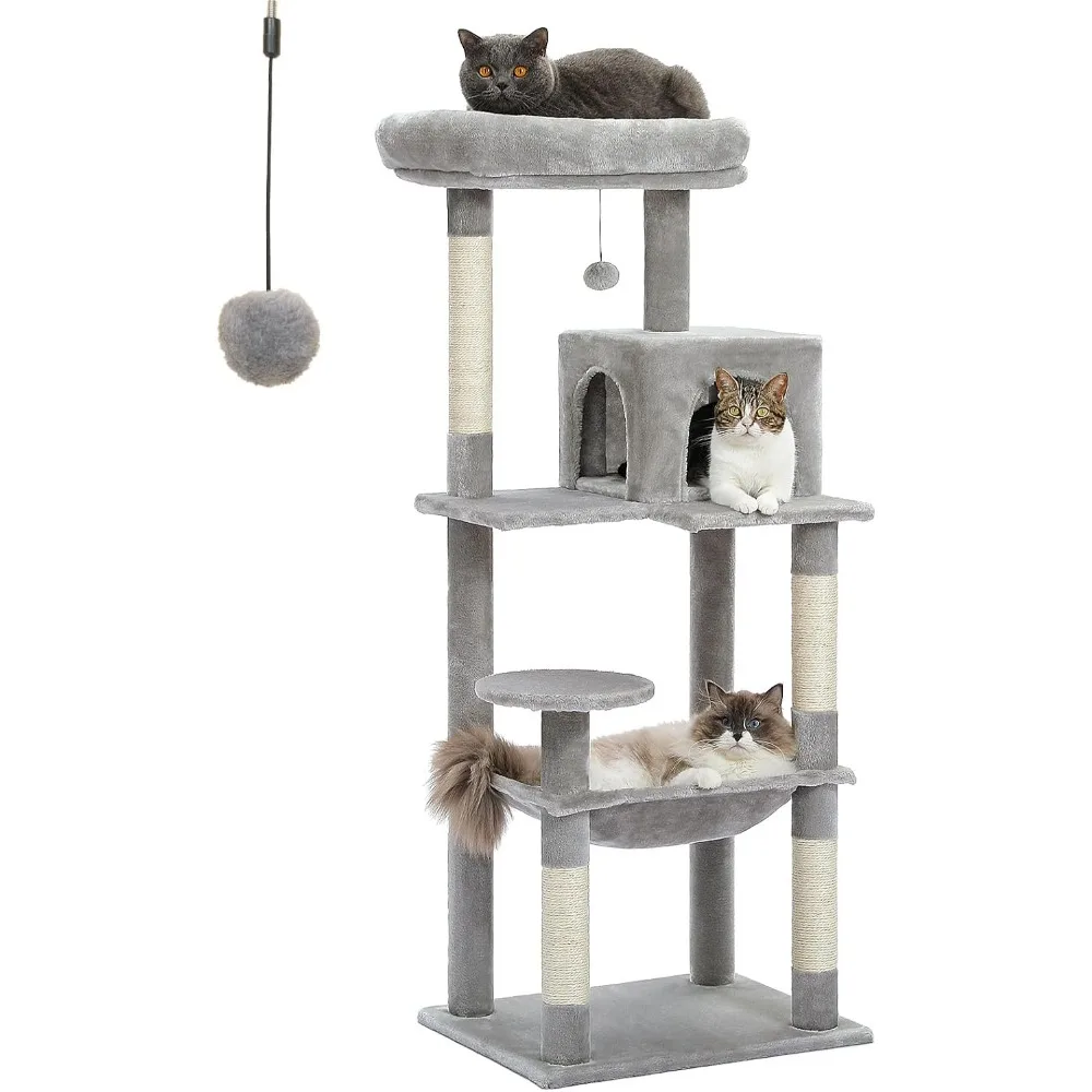 

56.3'' Tall Cat Tree for Indoor Cats, Multi-Level Cat Tower with Super Large Hammock (20''X16''), Sisal Covered Scratching Posts