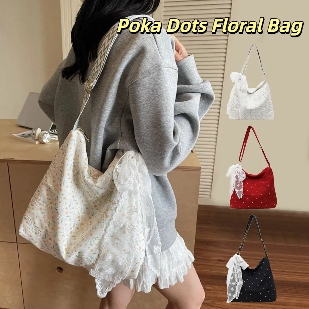

Trendy Stylish Poka Dots Bag Lace Ribbons Large Capacity Floral Messenger Bag Leisure Sweet Women's Handbag Commuting