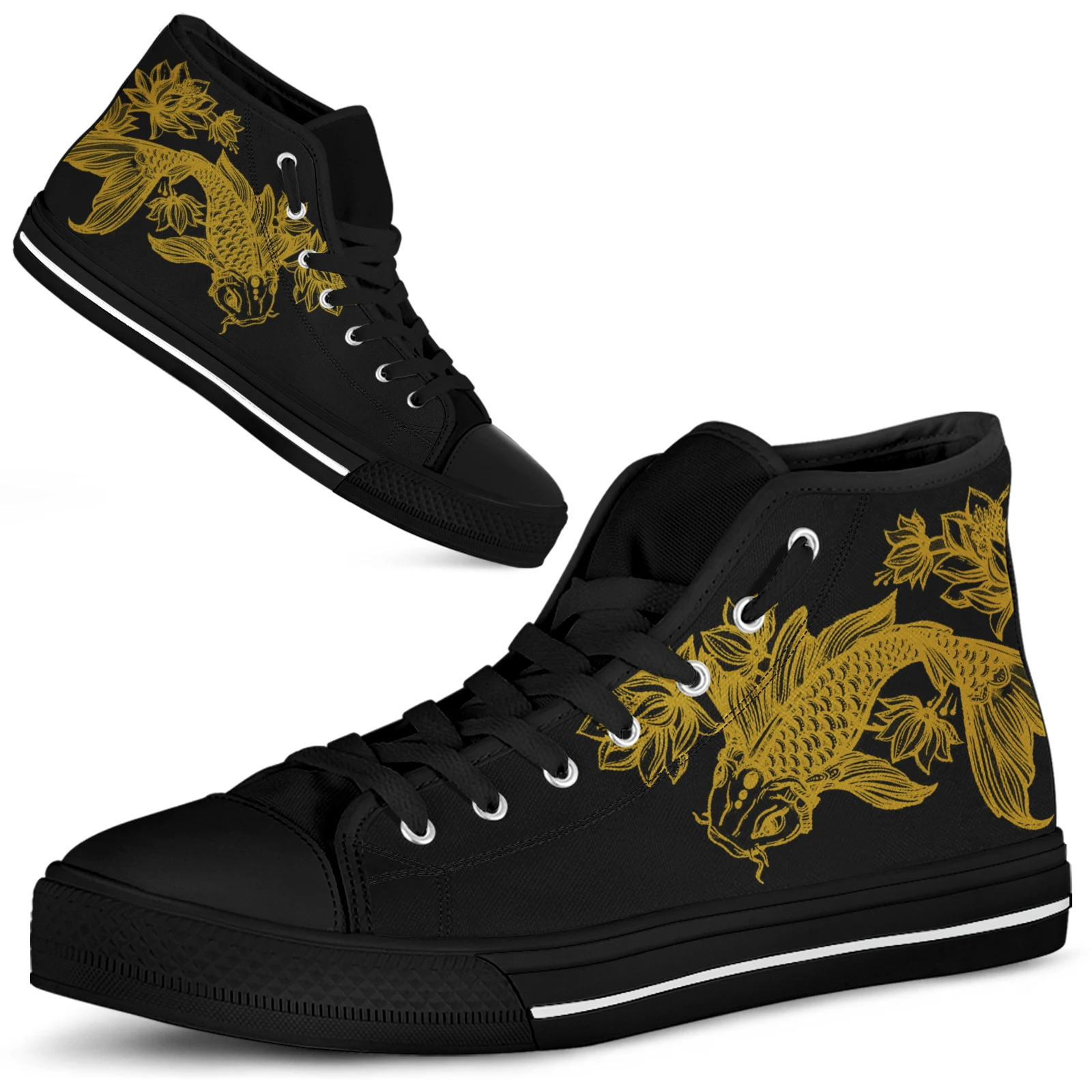 ELVISWORDS Women's Sports Sneakers Traditional Goldfish Embroidery Print Women's Casual Sneakers High Top Black Soft Sole Shoes