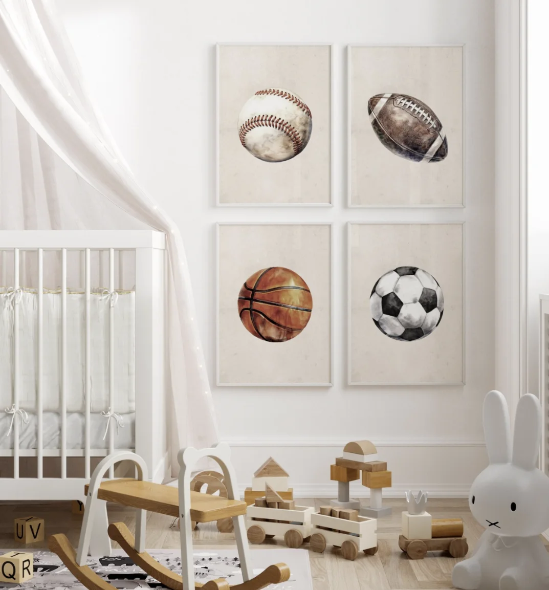 Retro Vintage Sports Balls Canvas Wall Art Kids Bedroom Playroom Living Room Game Room Decor Neutral Home Ornament