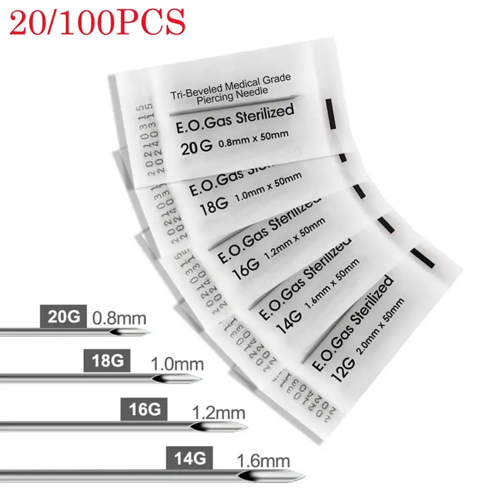 20/100Pcs Piercing Needles 12/14/16/18/20g Mix Needles Silvery Piercing Stainless Steel Body Hollow Needle for Ear Nose Piercing