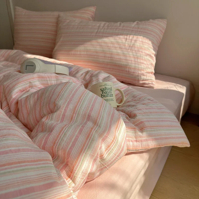 

Nordic Bedding Set Pure Cotton Striped Duvet Cover Set Soft Flat Sheet Single Queen Size Double Bed Sheet Set For Bedroom Decor