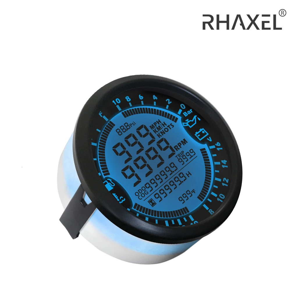 

RHAXEL 85mm 6 in 1 Multi-Functional Gauge GPS Speedometer Tachometer Hour Water Temp Fuel Level Oil Pressure Voltmeter 12V 24V