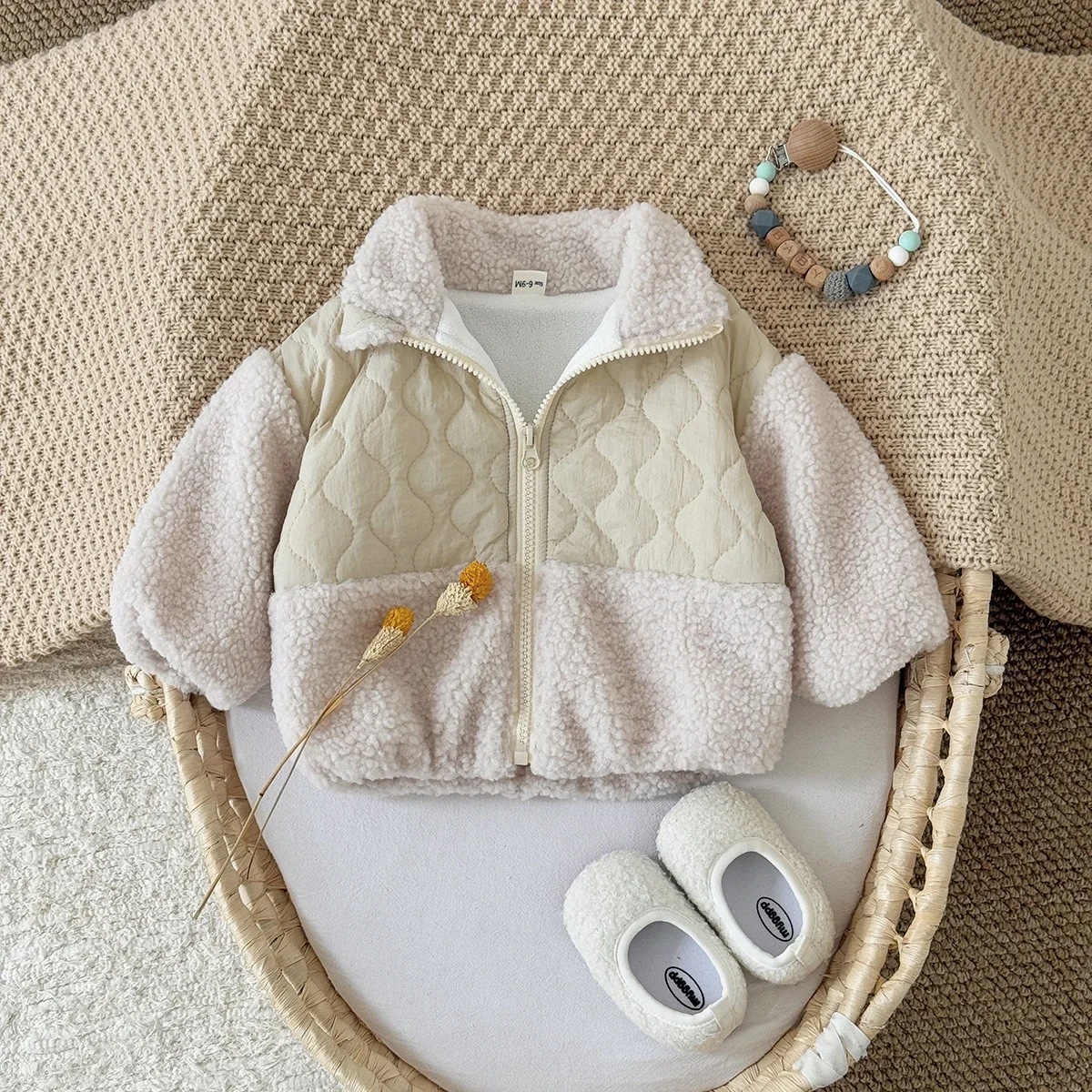

Lamb Fleece Newborn Children's Plush Coat Turtleneck Color Blocked Zipper Cotton Jacket Baby Girls Winter Long Sleeve Clothing