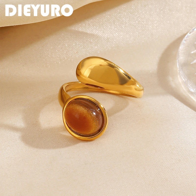 DIEYURO Stainless Steel Vintage Brown Stone Waterdrop Finger Open Ring for Women Minimalist Trendy Waterproof Ring Jewelry Gift