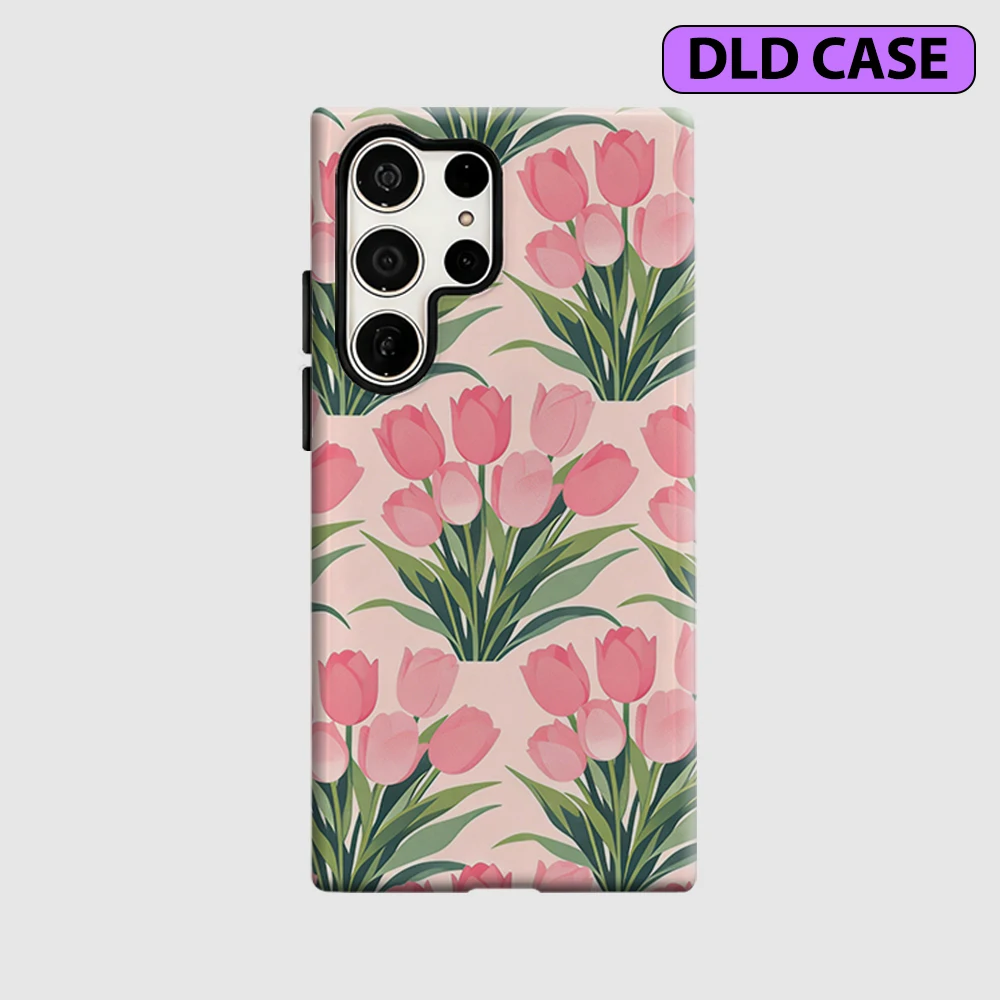 Pink Tulip Phone Case for Samsung Galaxy S26 S25 Ultra S24 S23 Ultra Plus Shockproof Double Layer Tough Back Cover