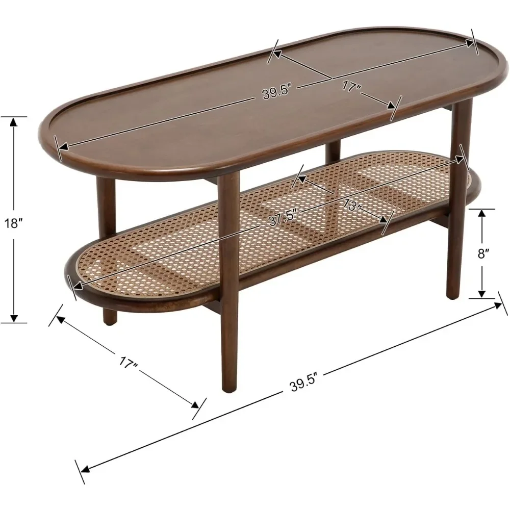 Rattan Coffee Table, Modern Walnut Wood Coffee Table with Rattan Storage Shelf for Living Room, 2-Tier Center Table Side Table