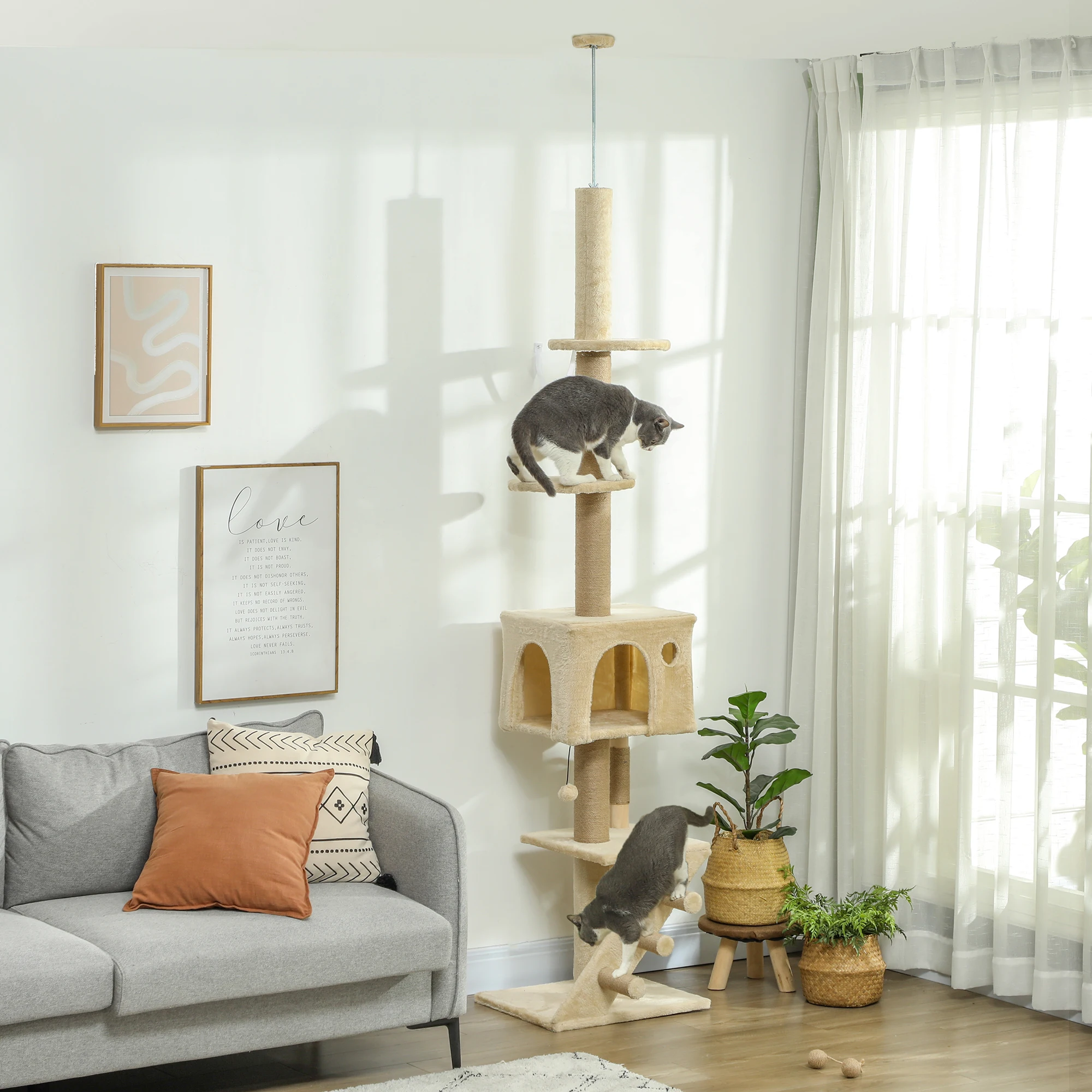 225-265 cm Floor-to-Ceiling Cat Tree PawHut with Beige Staircase