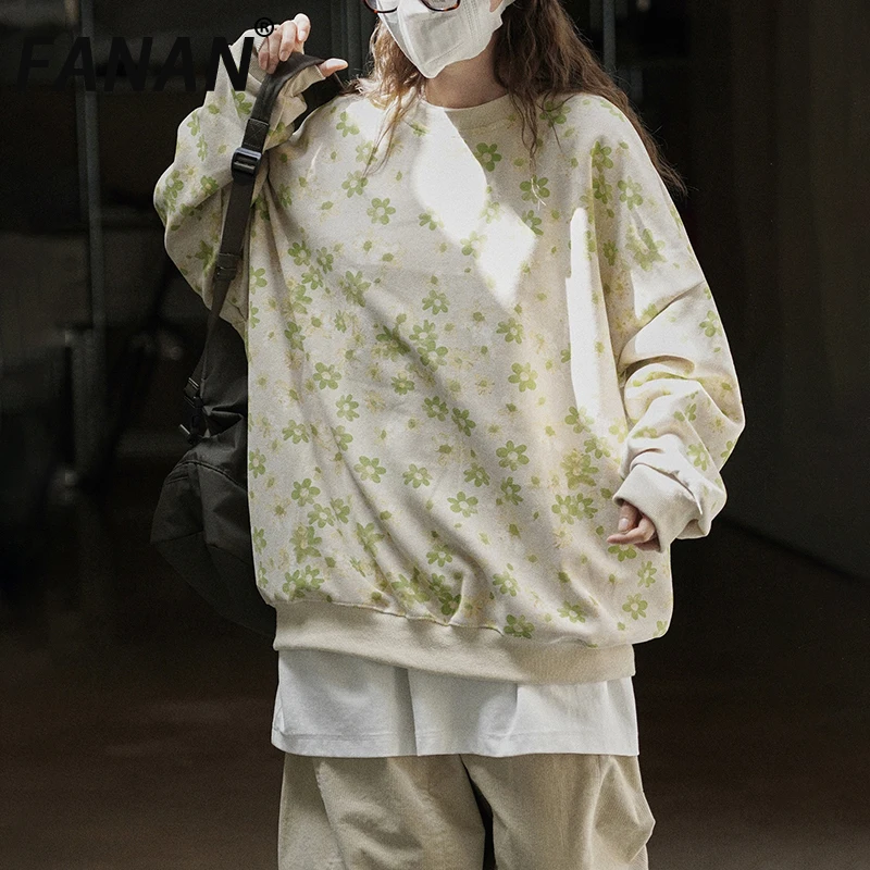 

FANAN Fashion Print Contrast Color Sweatshirt For Women Round Neck Long Sleeve Korean Style Loose Tops Fashion 2025 Autumn New