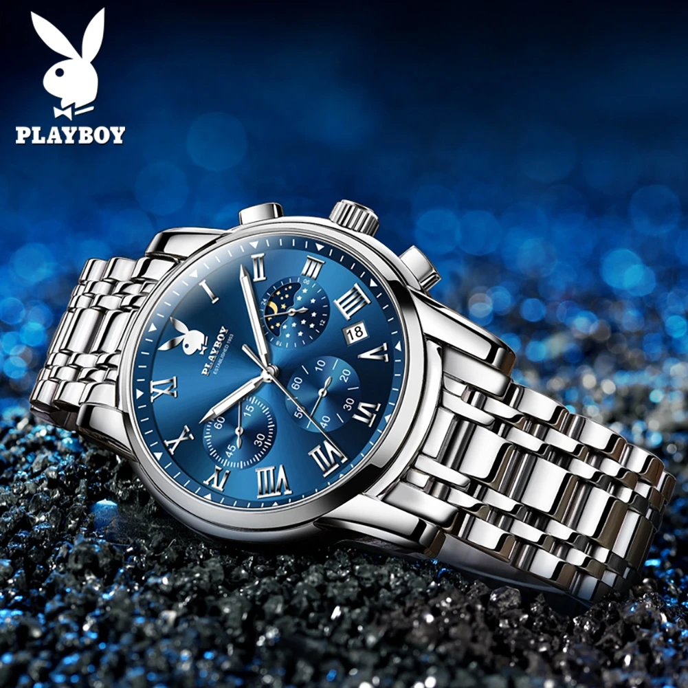 PLAYBOY 3026 Multi functional Watch for Men Waterproof Luminous Fashion Watch Solid Stainless steel Strap Wristwatch